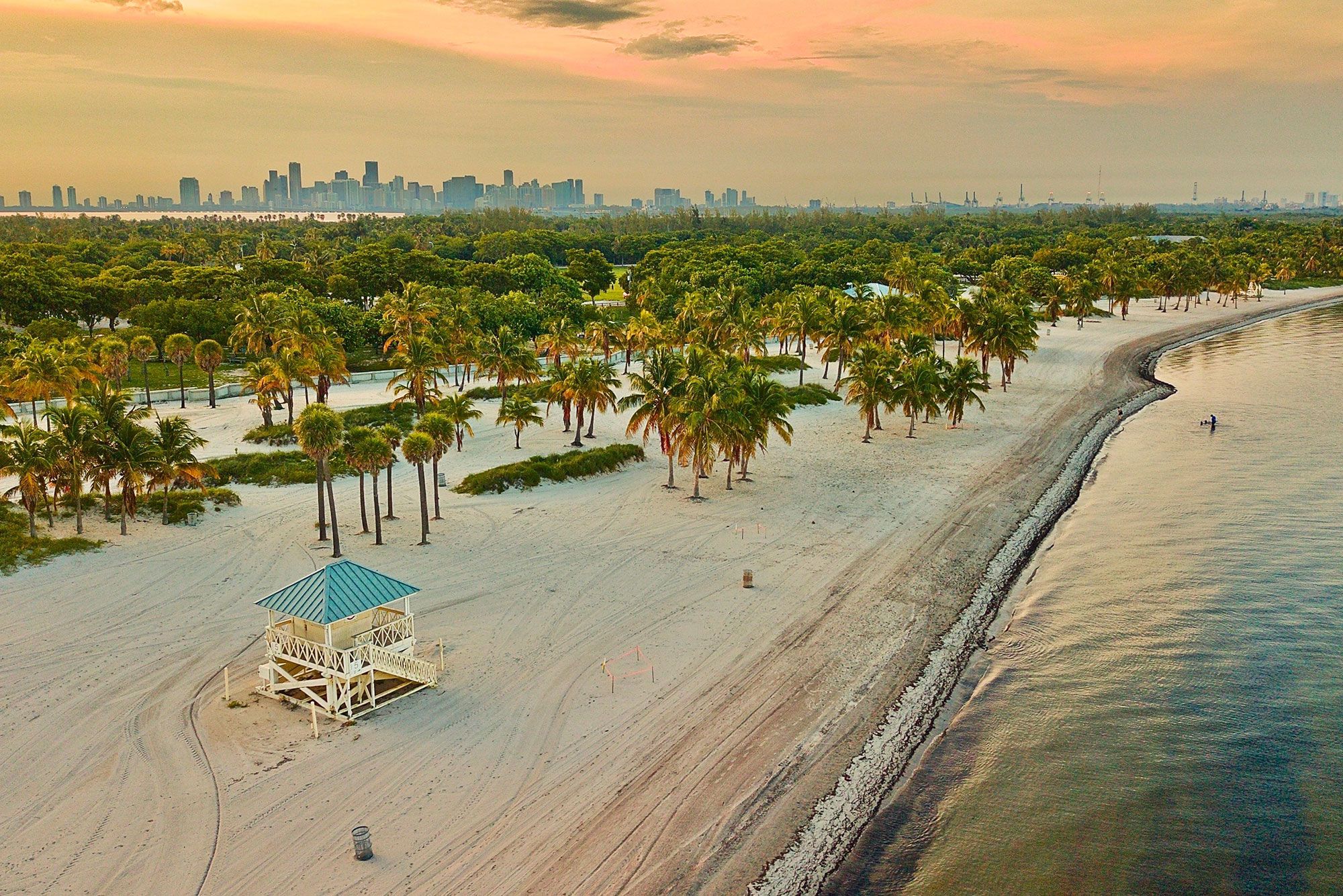 A sunset on the beach of Key Biscayne with palm trees and the buildings of Miami in the background.