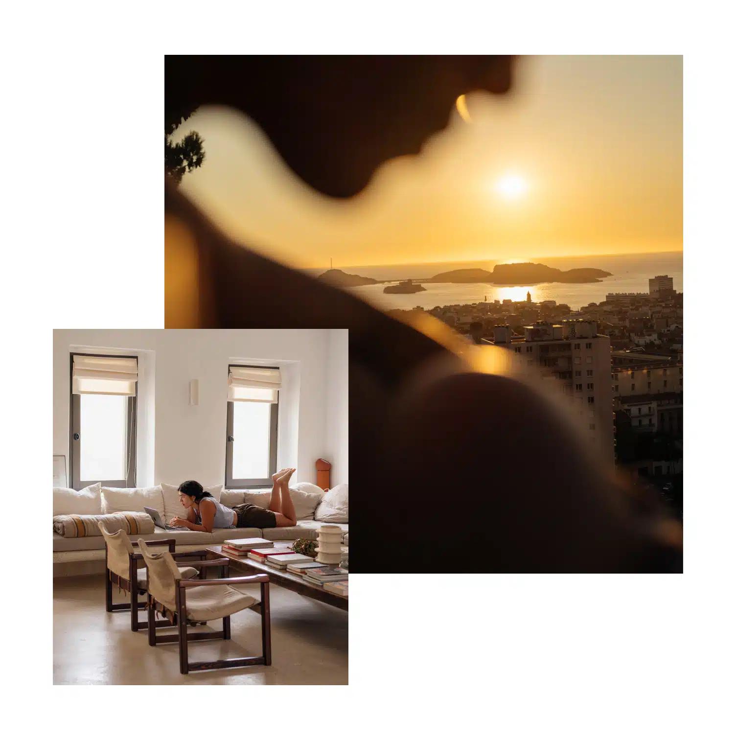 An image of director-producer Lily Wan in a Vrbo in Marseille, France, overlaid with a sunset image of the city with the sea beyond