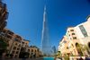 View of the Burj Khalifa skyscraper towering above the Dubai skyline on a clear day.
