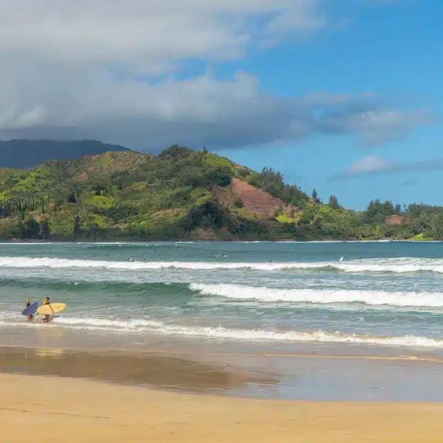 Surfers paddle in the waves at Hanalei Beach, Hawaii