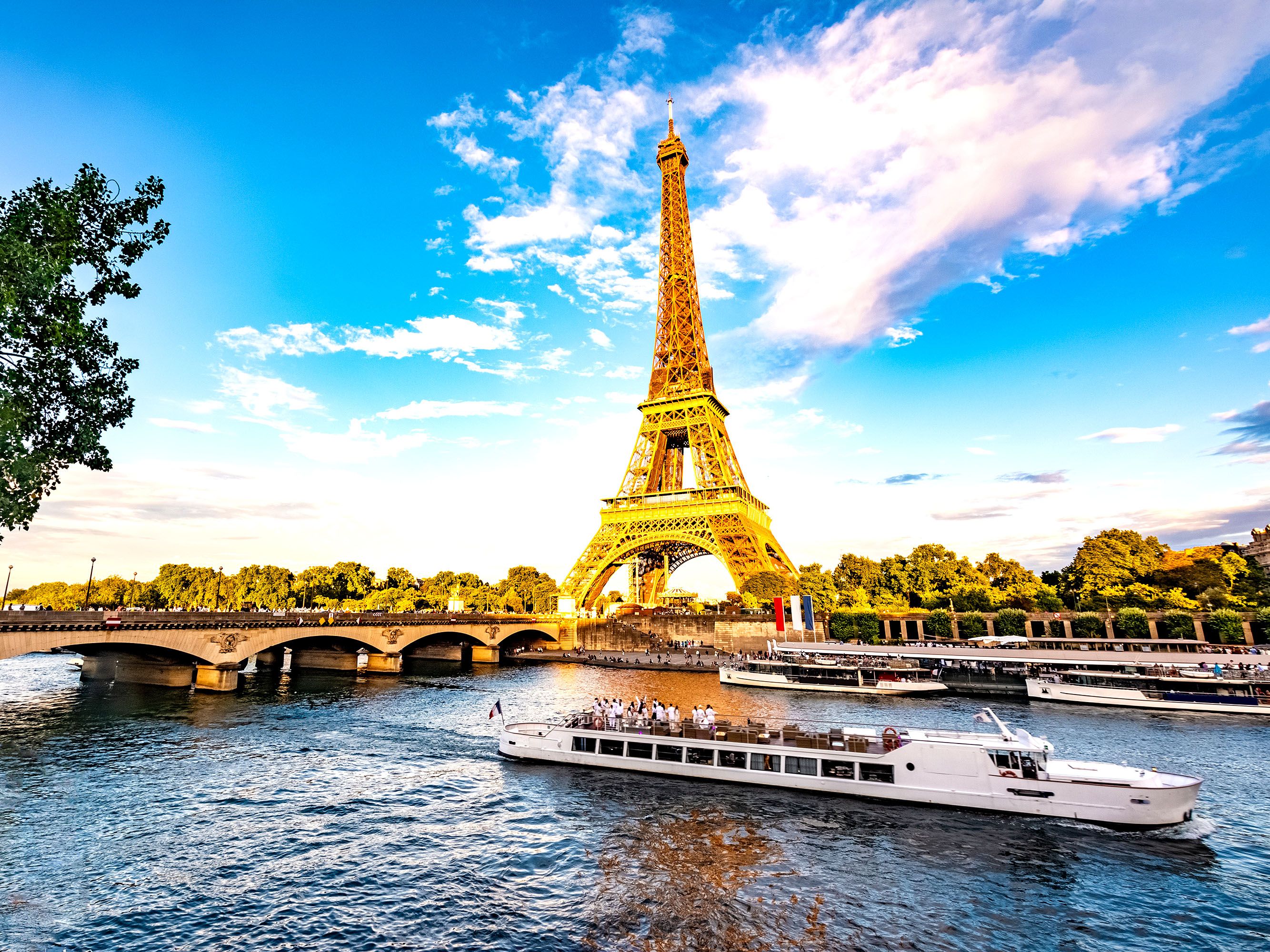 Tour boat travels on river in front of Eiffel Tower.