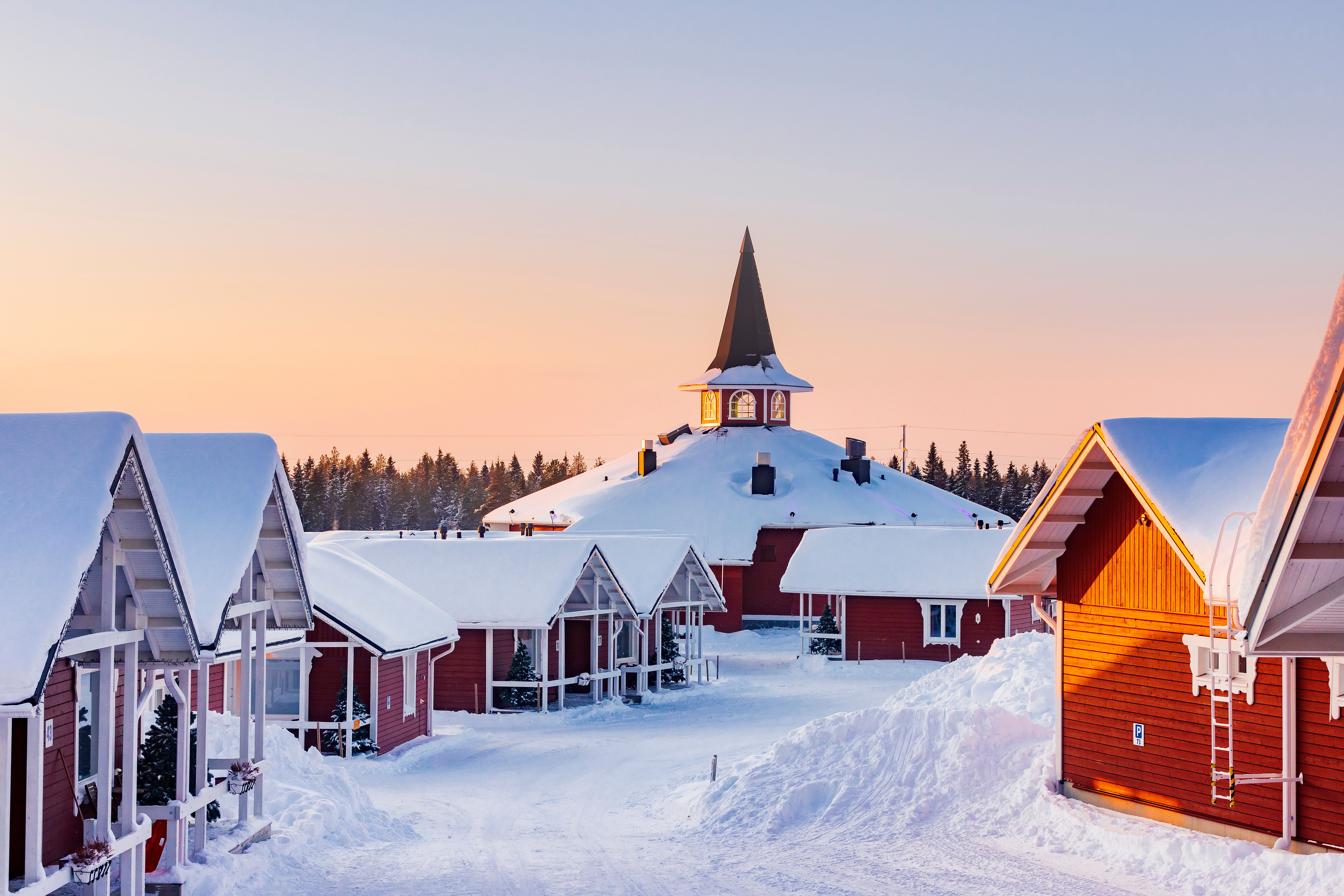 Snow-covered buildings in Rovaniemi.