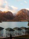 Over-water pavilions with glass walls on the side of Iskandarkul, or Alexander the Great Lake, Tajikistan