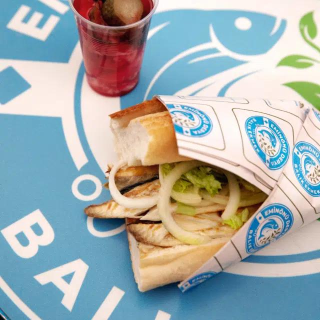 A grilled fish sandwich in a baguette at Eminönü Balık Ekmek, Istanbul