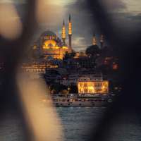 The spires and domes of the Hagia Sofia Mosque in Istanbul, seen from the water