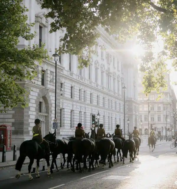 Riders and horses in His Majesty’s Household Cavalry trot along London's aptly named Horse Guards Parade