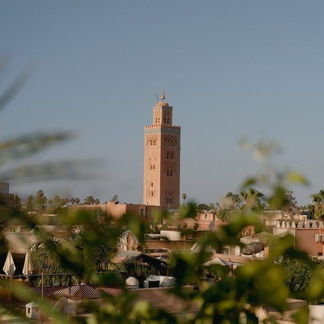 The Koutoubia Mosque stands out from the skyline in Marrakech, Morocco