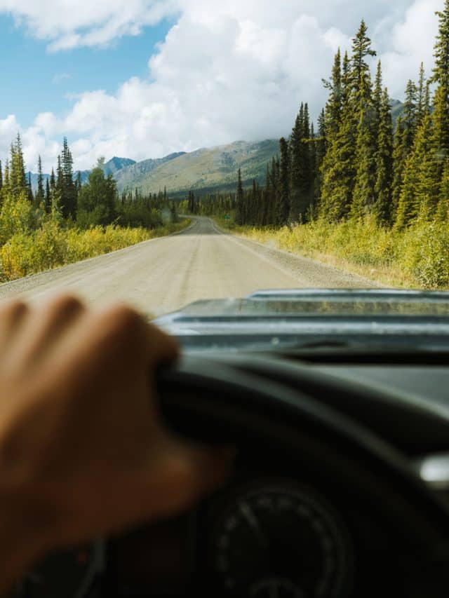 Tall trees and dramatic mountains as seen from the driving seat on the Dempster Highway, Canada