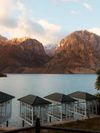 Over-water pavilions with glass walls on the side of Iskandarkul, or Alexander the Great Lake, Tajikistan