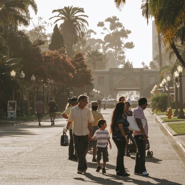 A family walk through Balboa Park on a sunny day in San Diego, California 