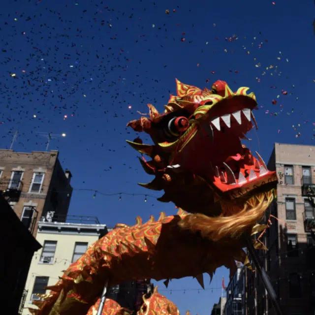 A Chinese dragon head on parade as part of Lunar New Year in New York City