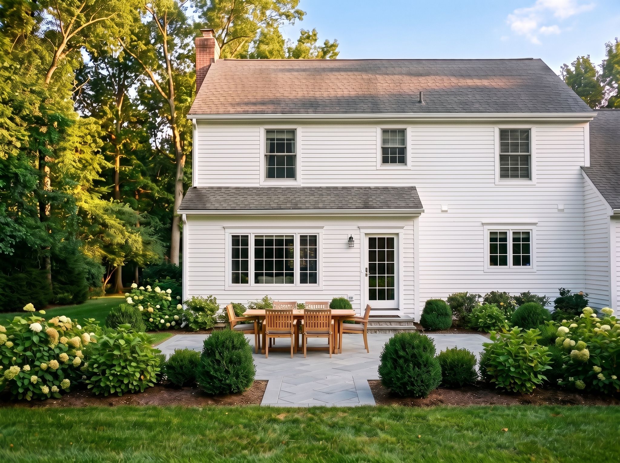 Bluestone herringbone patio behind a white house