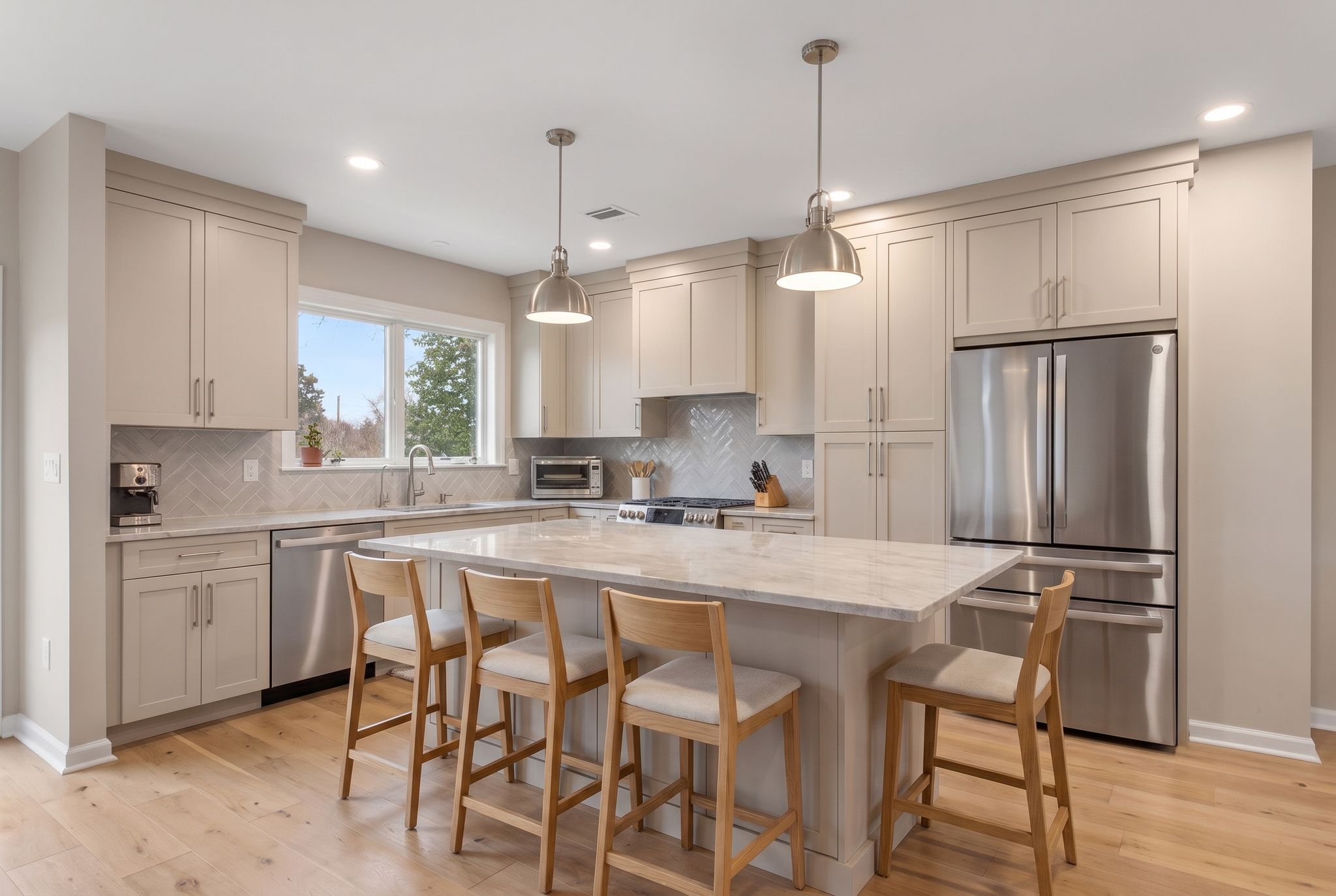 Kitchen with soft greige cabinets, a marble island and light wood stools