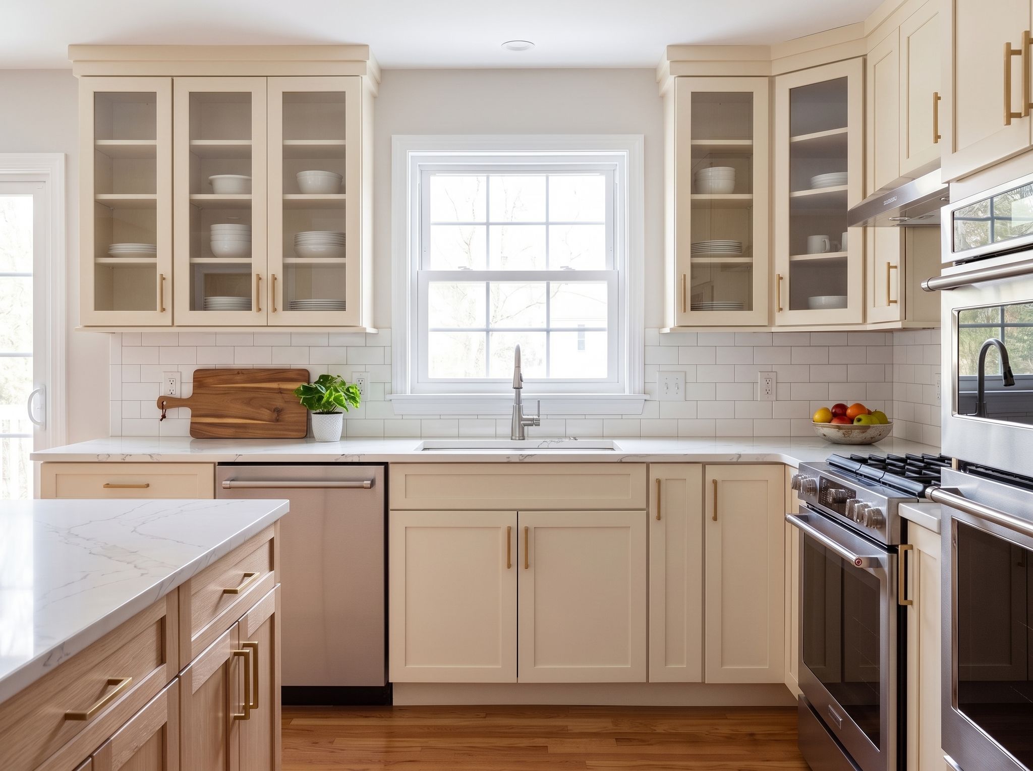 Kitchen with cream glass-front upper cabinets and a white subway tile backsplash