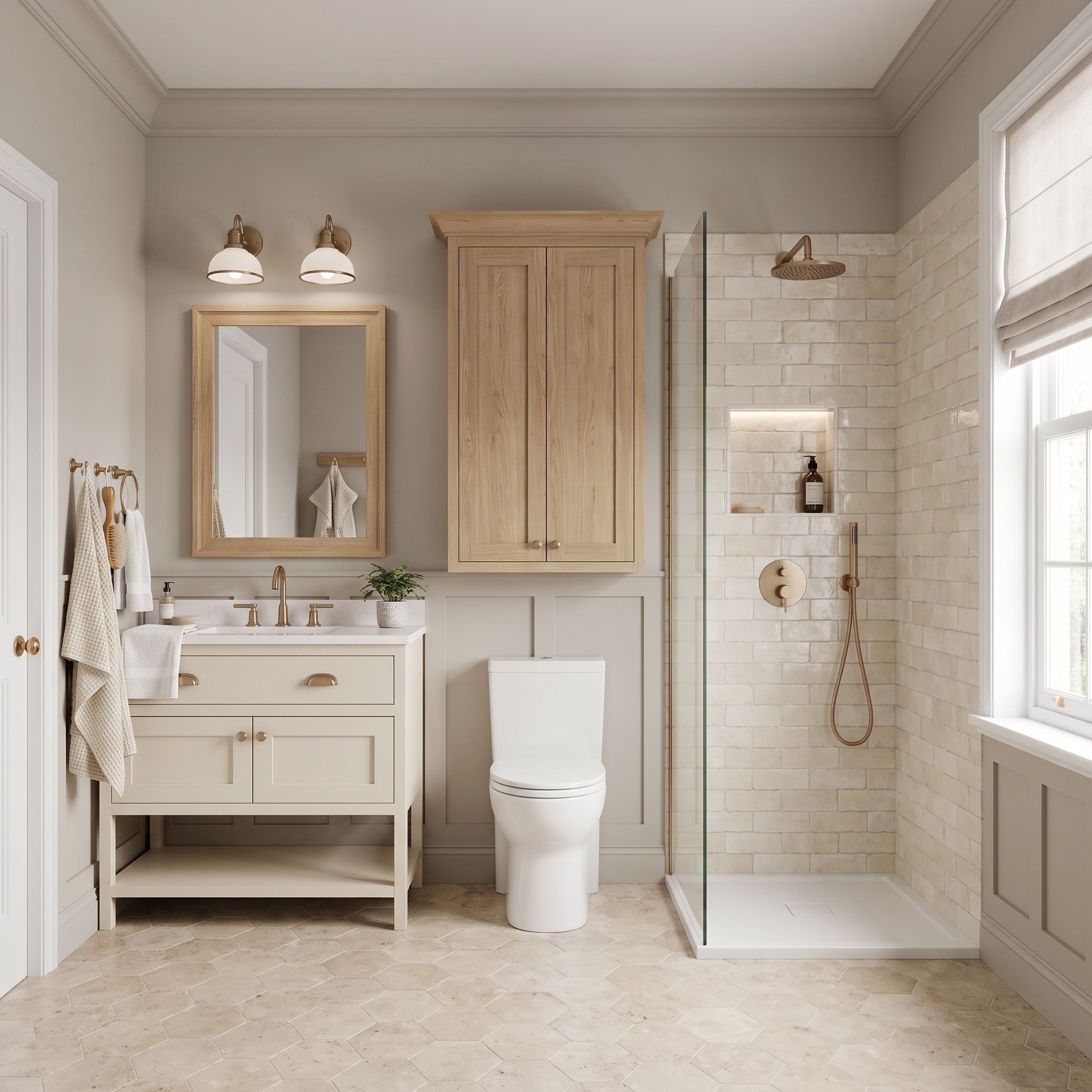 Bathroom in warm neutrals, modern farmhouse style