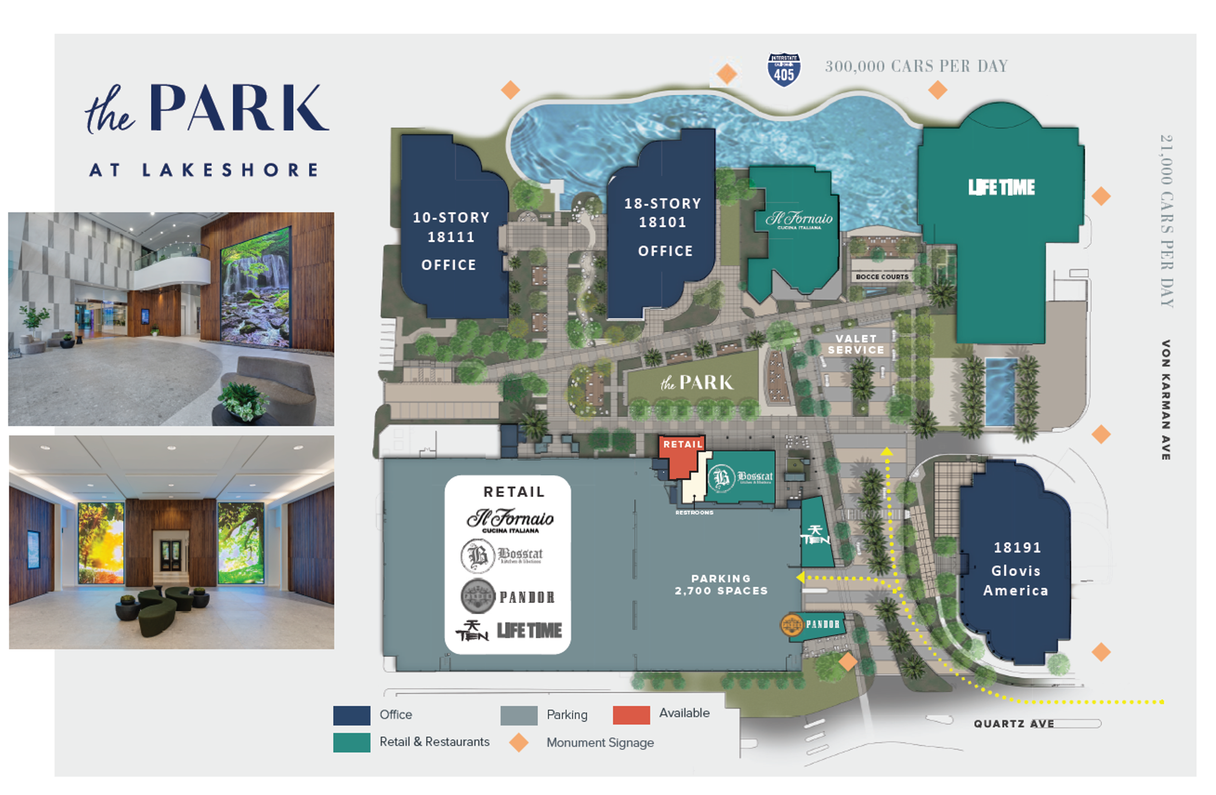 The Park at Lakeshore campus site plan — offices, retail, restaurants, and parking