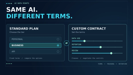 Editorial comparison of standard AI plans and negotiable contract terms for data use, retention, and review