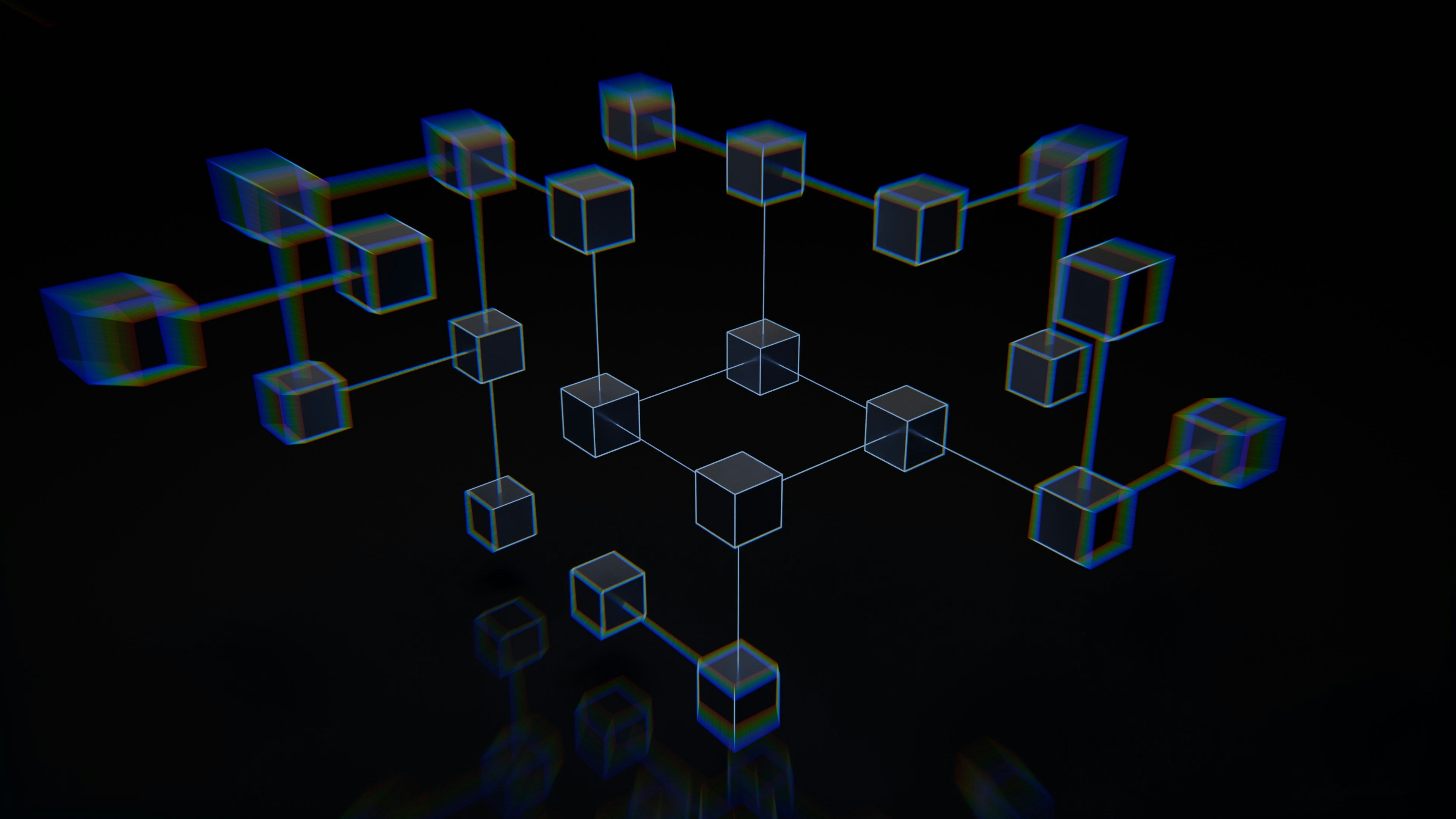 Abstract network of transparent cubes with colorful chromatic aberration, reflecting on a dark surface.