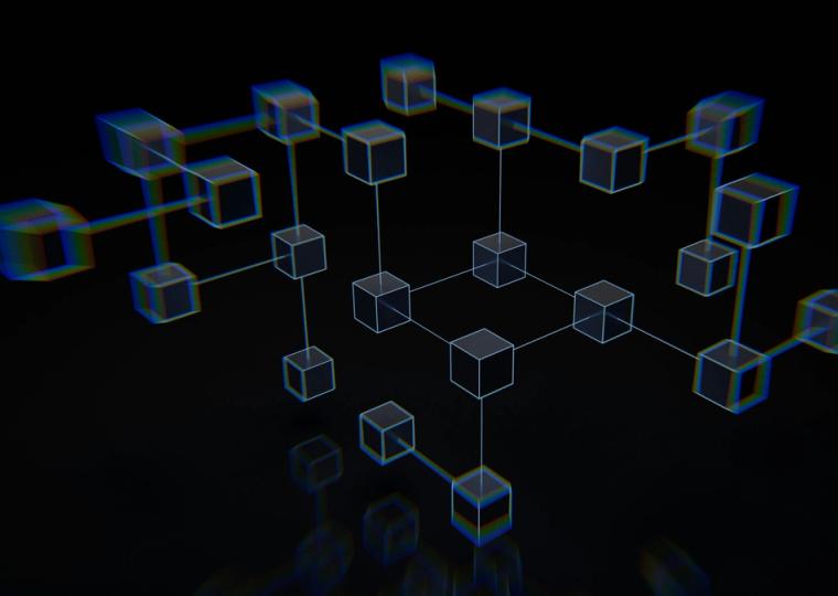 Abstract network of transparent cubes with colorful chromatic aberration, reflecting on a dark surface.