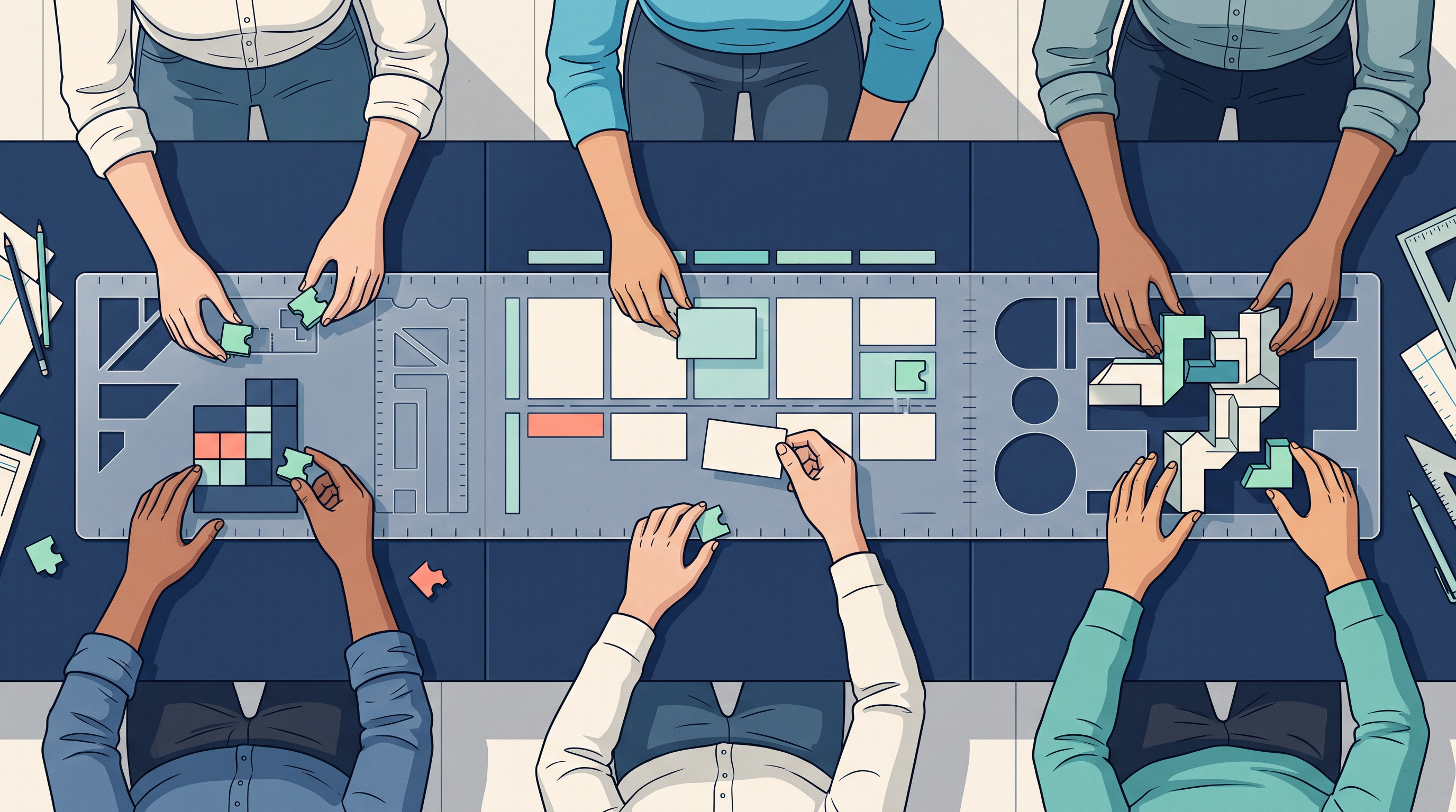 Editorial illustration of teammates using one shared template across different workstreams.