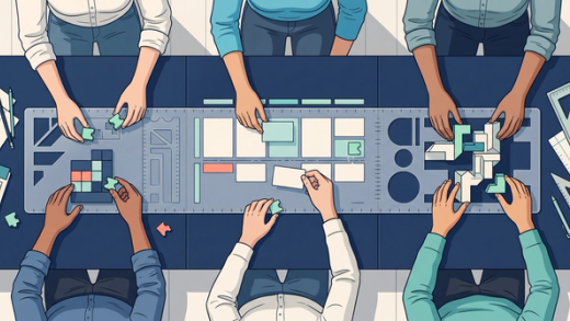 Editorial illustration of teammates using one shared template across different workstreams.
