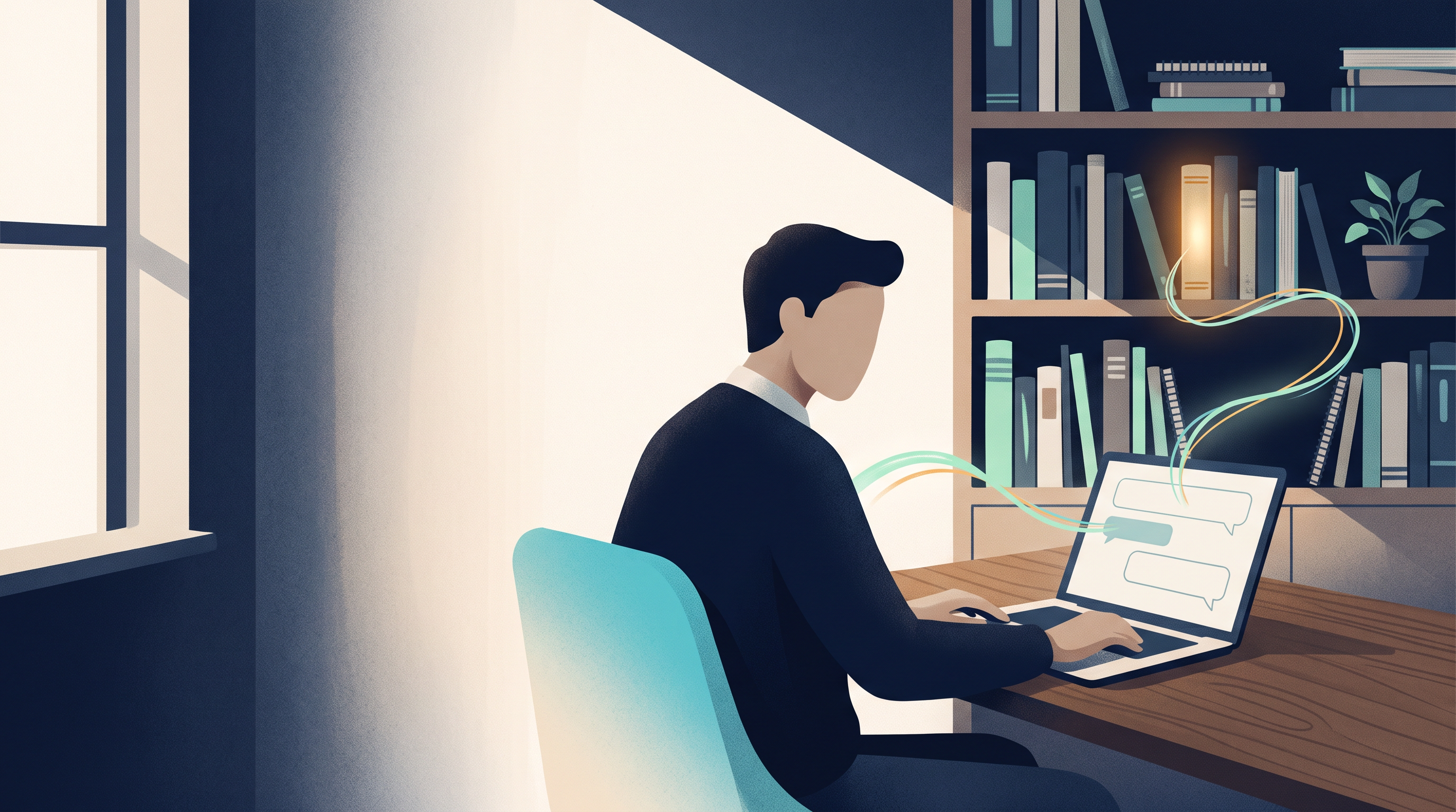 Illustration of a person using a laptop beside a bookshelf, with a highlighted book suggesting remembered context.