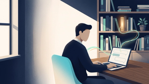 Illustration of a person using a laptop beside a bookshelf, with a highlighted book suggesting remembered context.