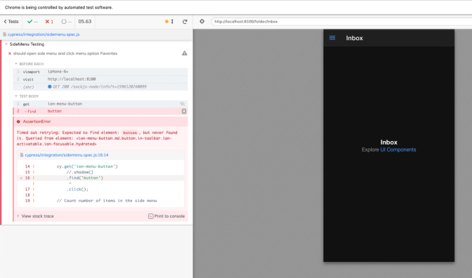 Cypress io Test Fail