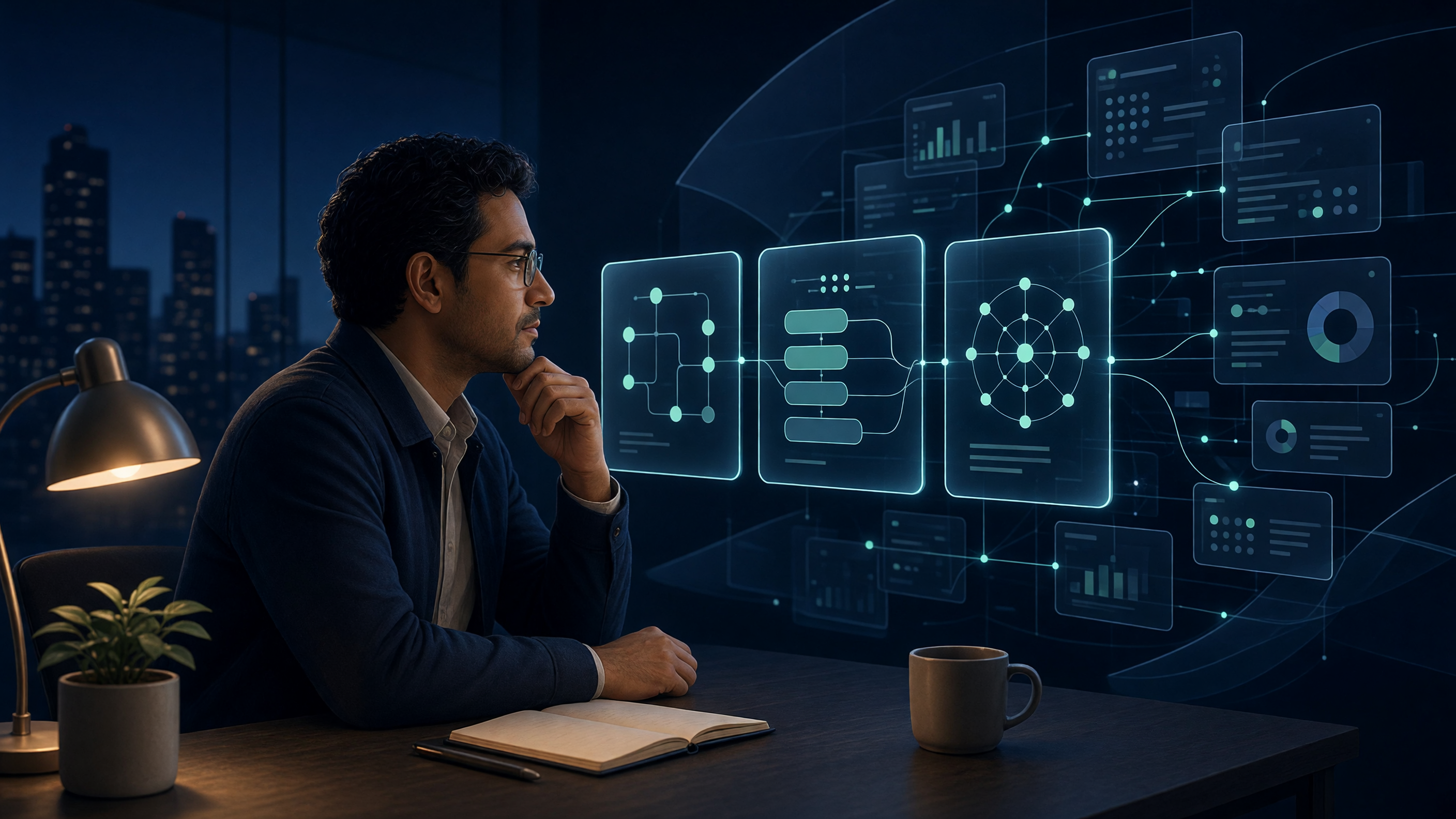 Operations lead reviewing connected business workflow cards and application interfaces