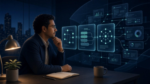Operations lead reviewing connected business workflow cards and application interfaces