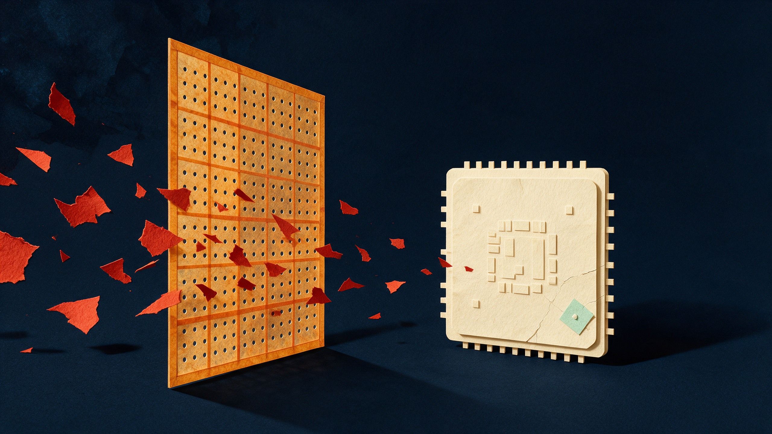 Cut-paper illustration of a perforated edge filter catching red fragments before they reach a cracked processor with its own green repair patch.