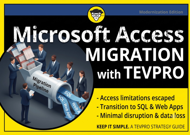 Microsoft Access migration with Tevpro strategy guide graphic showing migration pipeline to SQL and web apps