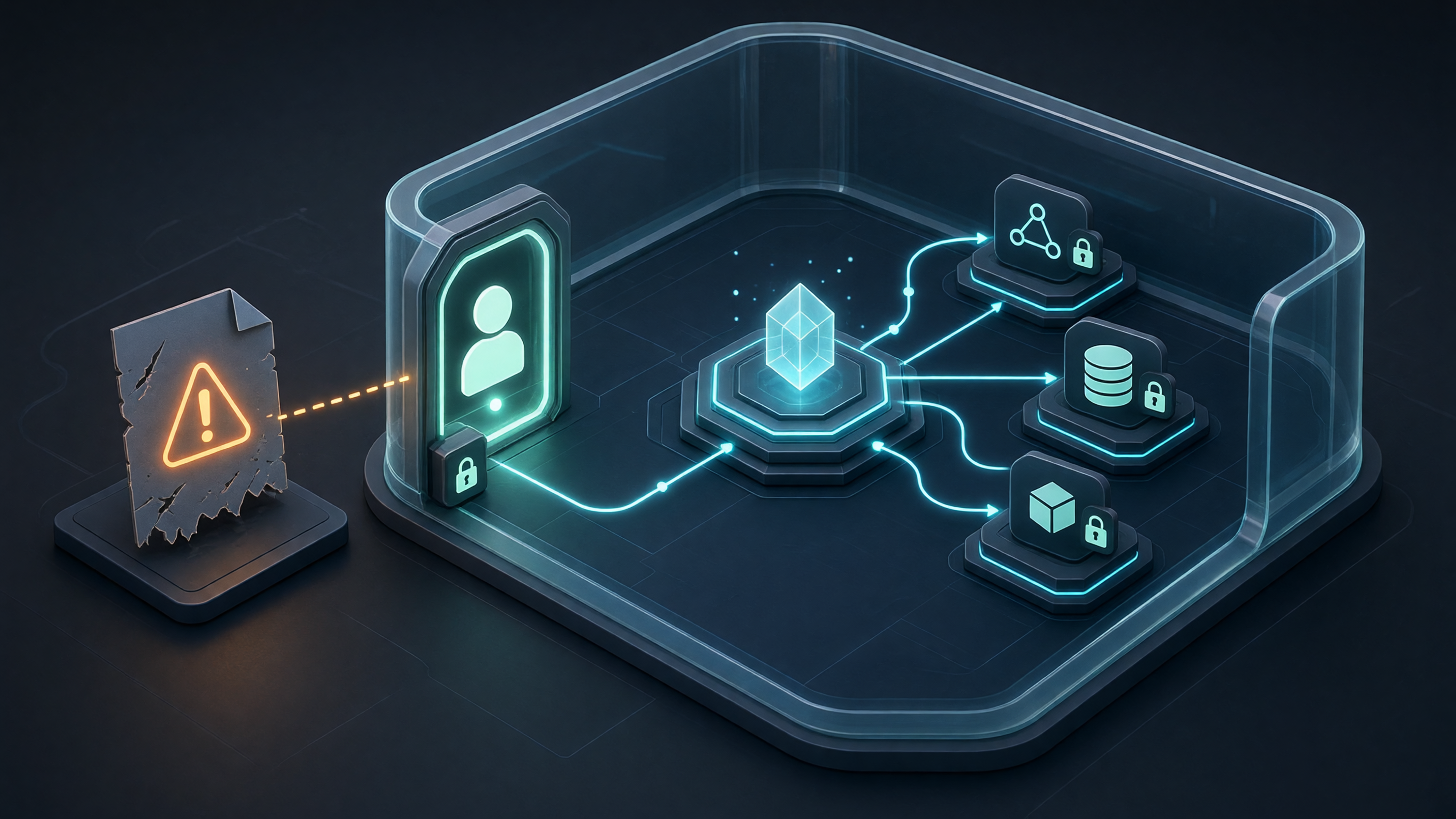 Business workflow inside an access boundary with a human approval gate and untrusted document outside