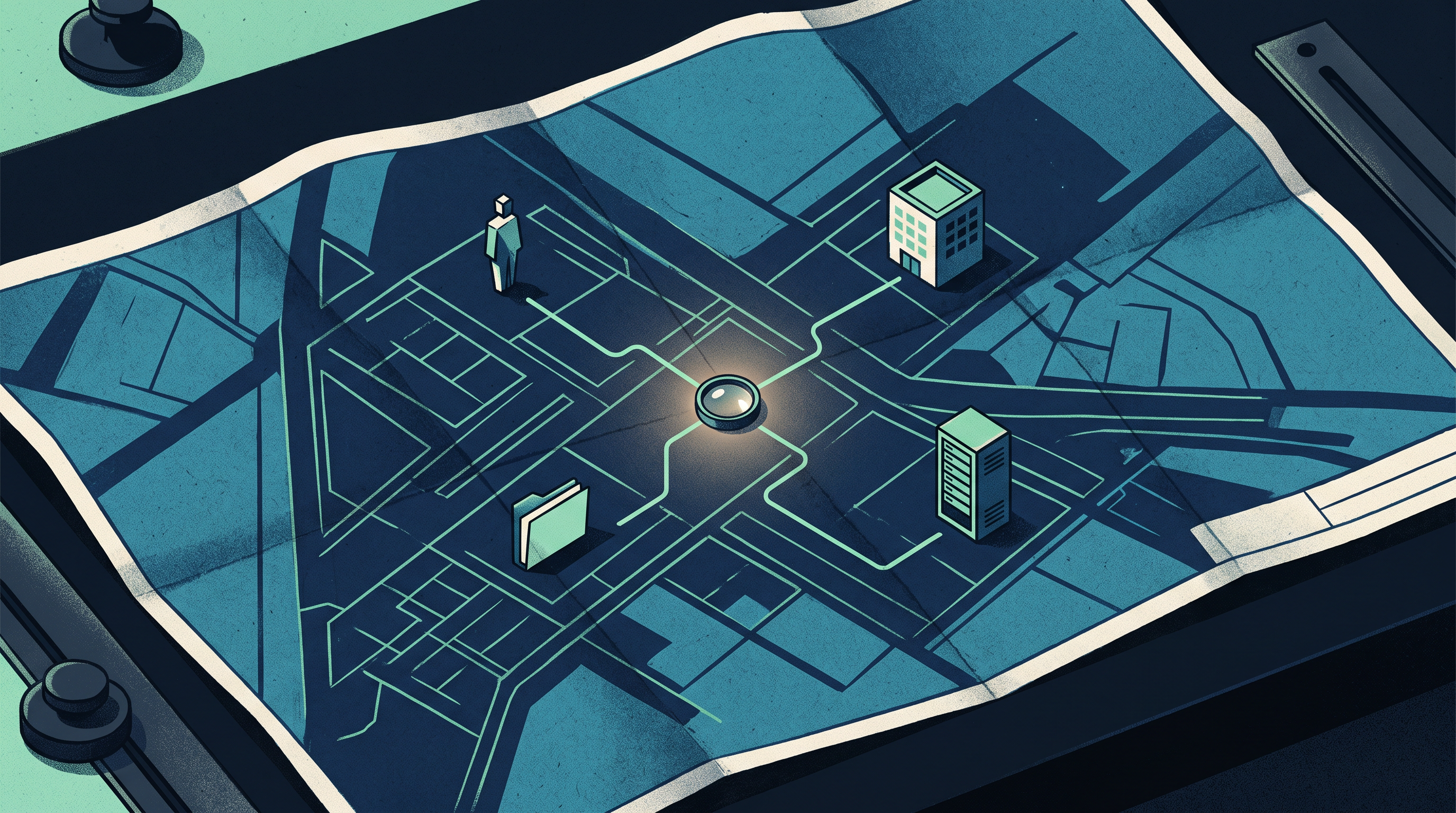 Editorial illustration of a person, project, client, and technology connected on a blueprint-like map
