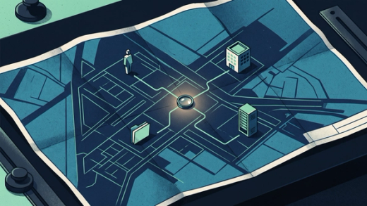 Editorial illustration of a person, project, client, and technology connected on a blueprint-like map