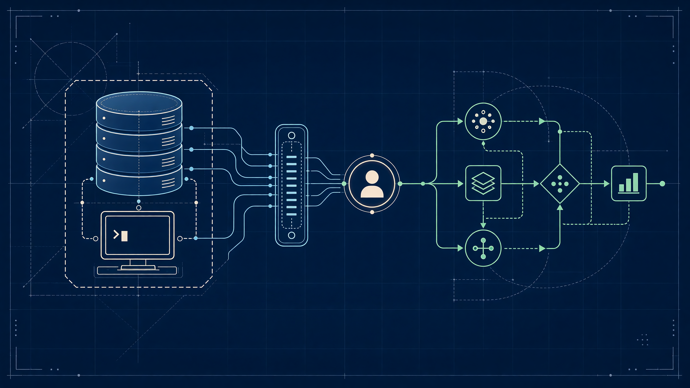 Legacy business database connected through a controlled API gateway and approval step to an AI workflow