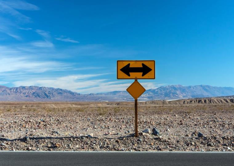 A yellow sign with opposing arrows stands in a vast desert landscape under a blue sky.