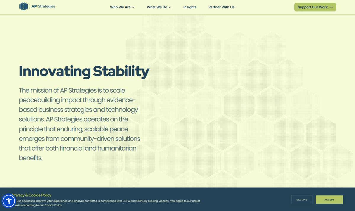 An image showing the hero section of the Applied Peace Strategies website.