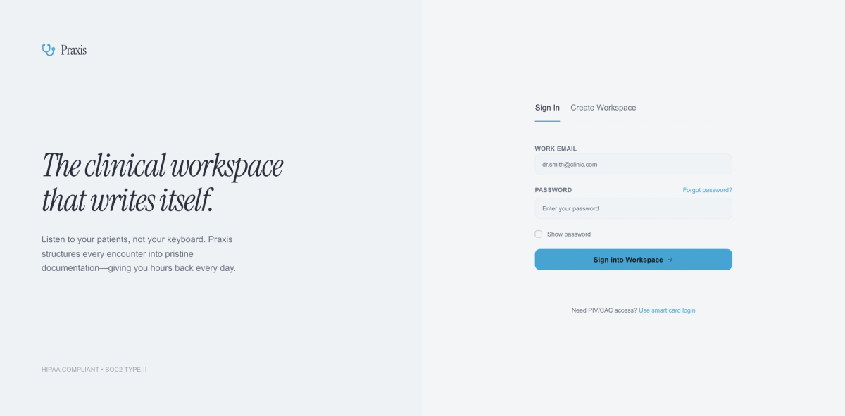 Authentication screen for a ambient clinical dictation app.