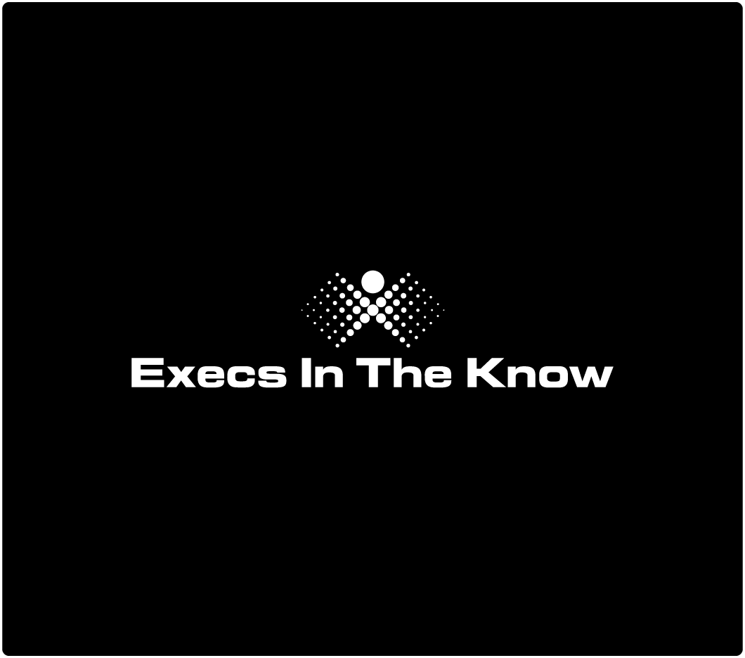 Logo of "Execs In The Know" in white text on black background. Above the text is a dotted abstract figure, symbolizing connection and networking.