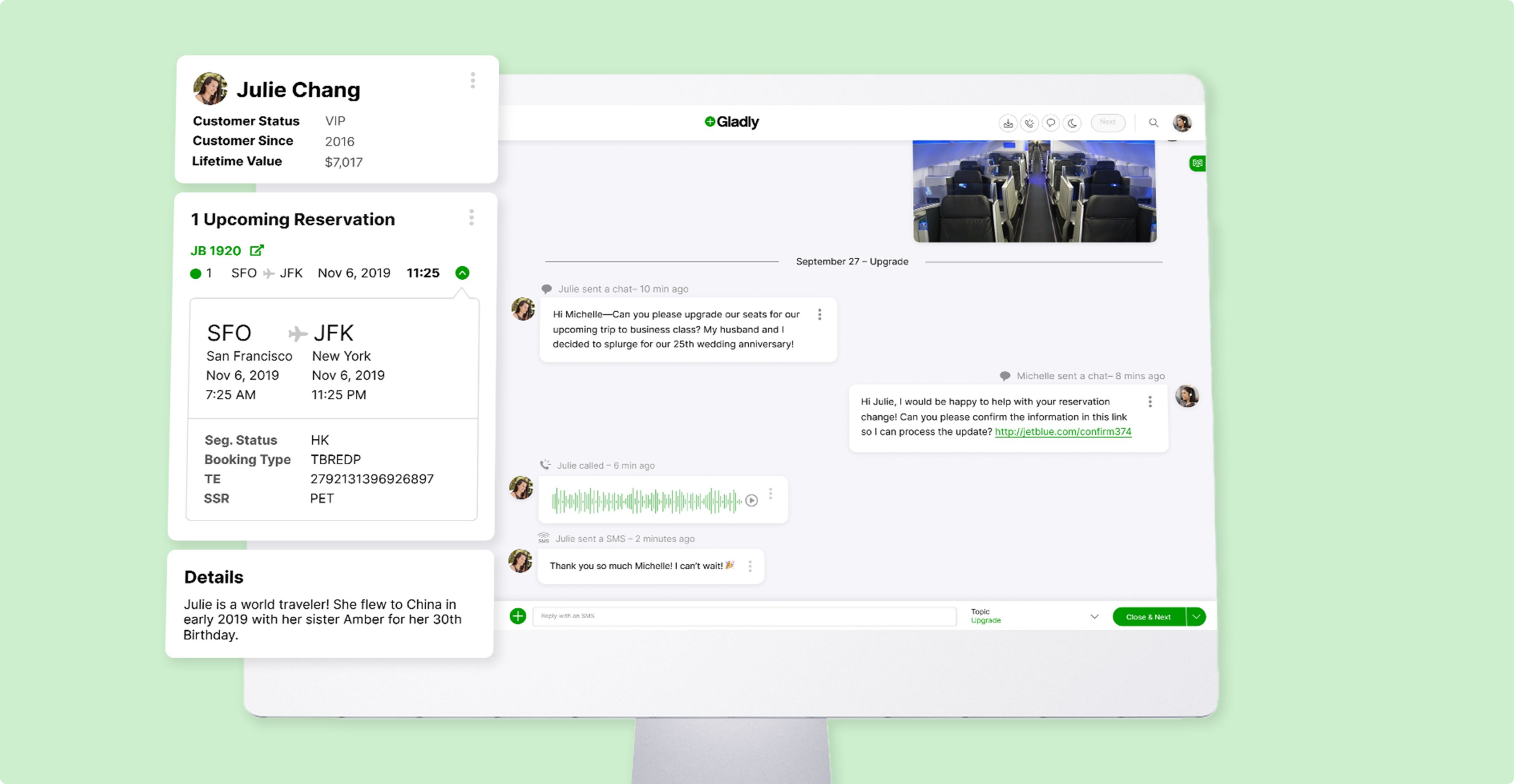 A computer screen displays a customer service chat interface. The chat is about a flight reservation upgrade. An inset shows airplane seats. The design is clean and modern.