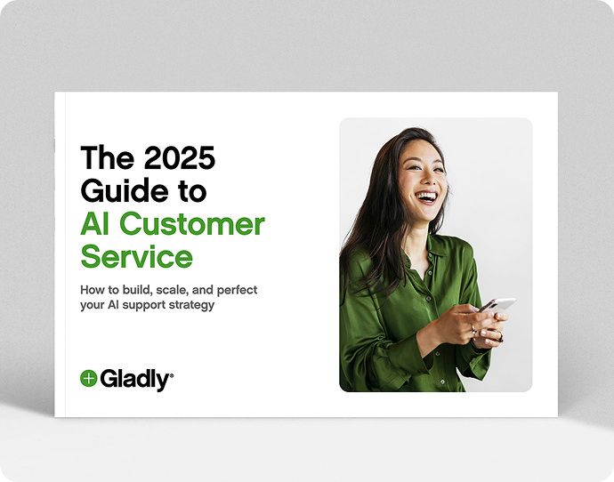Picture of guide booklet with title "The 2025 guide to AI customer service"
