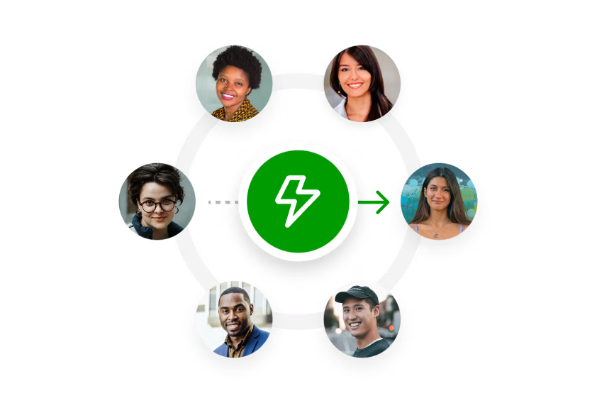 Circular diagram featuring diverse faces around a central green icon with a lightning bolt, symbolizing energy or connectivity. An arrow points to one person.