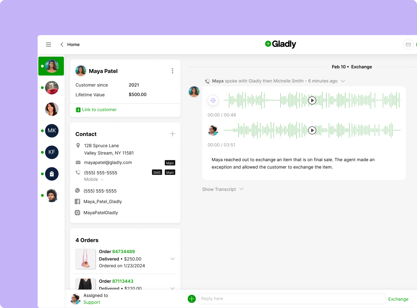 Customer service dashboard with user chat interface. Left panel shows customer details and order history. Main area displays audio message exchange. Clean, organized design on a purple background.