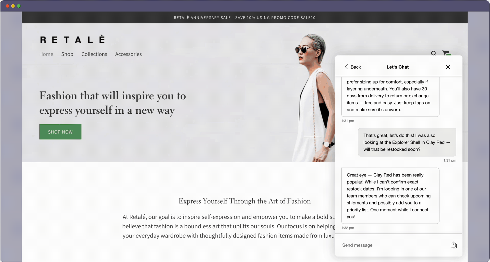 Fashion website banner for Retalè with a stylish woman in sunglasses and white outfit, promoting self-expression. Includes 'Shop Now' button.