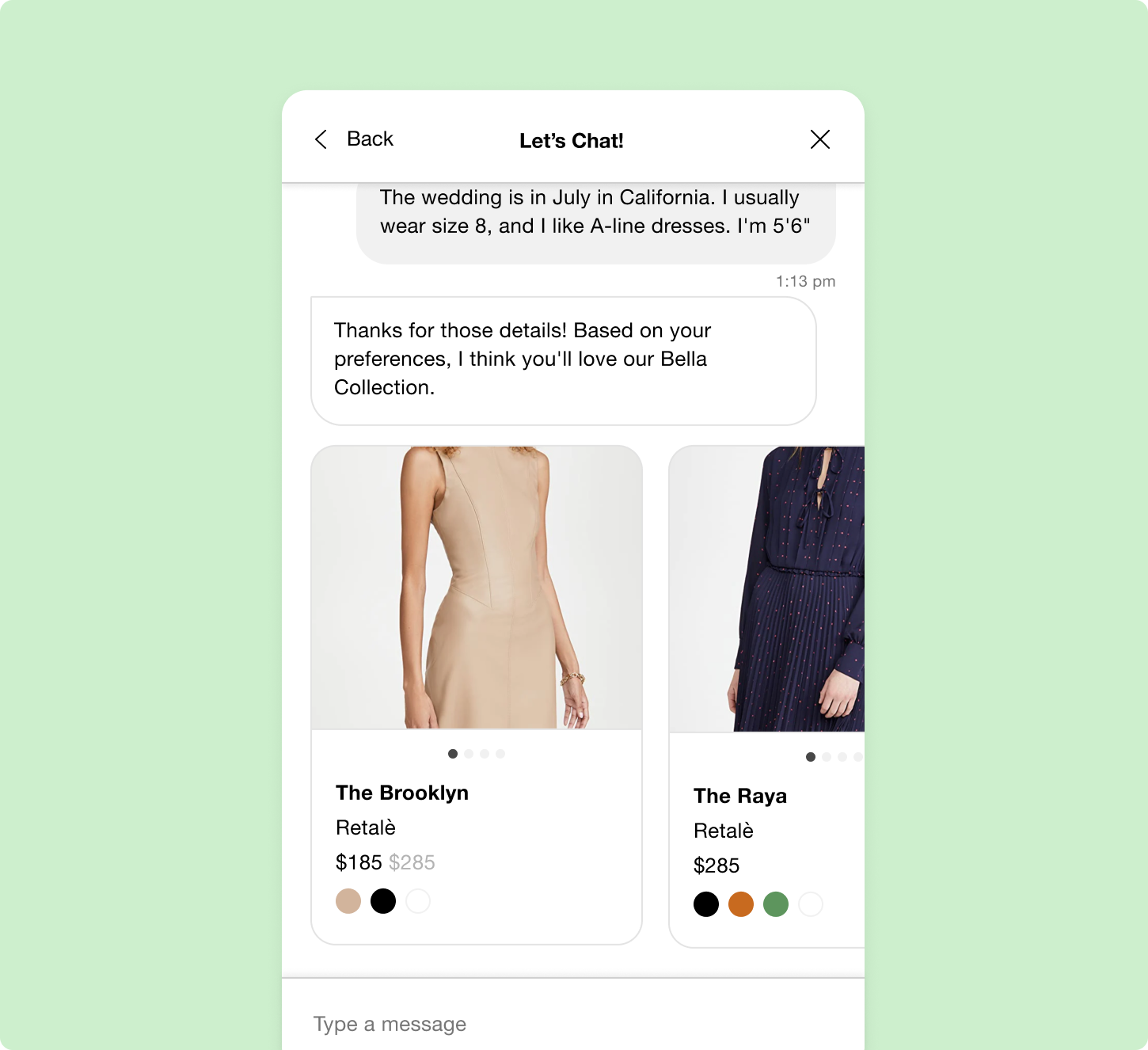 Chat interface shows a conversation about a wedding dress. Two dress options appear below: beige The Brooklyn and black The Raya, priced at $185 and $285.