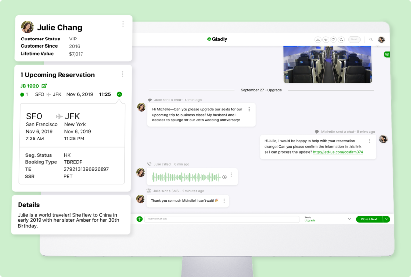 Screenshot of a customer support interface showing a conversation with a passenger, Julie Chang, requesting an upgrade to business class for her anniversary trip. The interface includes flight details, a chat history, and an image of an airplane cabin. Julie's status is VIP, reflecting a friendly and personalized interaction.