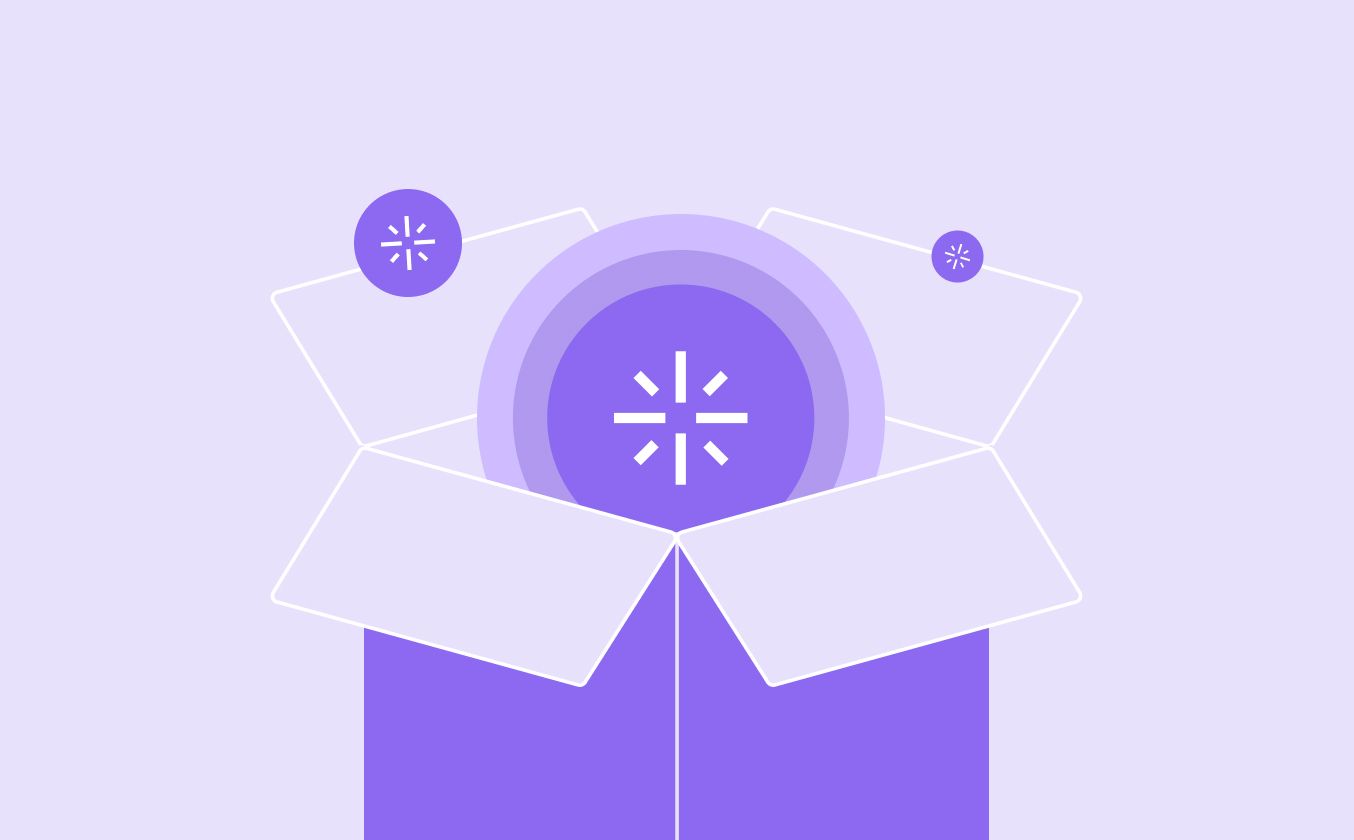 A purple box is open with circular symbols emerging, featuring radiating lines in different shades of purple on a light lavender background.
