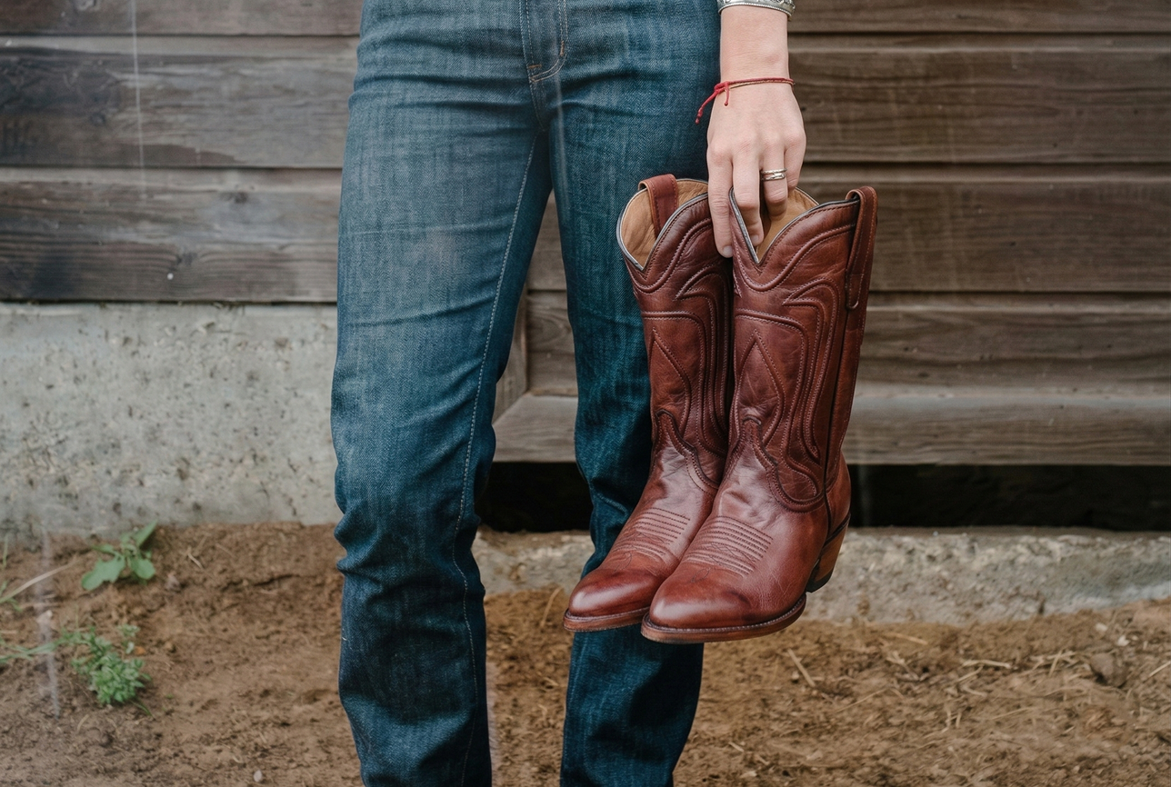 A person in jeans holds a pair of brown cowboy boots beside a wooden barn wall. The tone conveys rustic, casual country life.