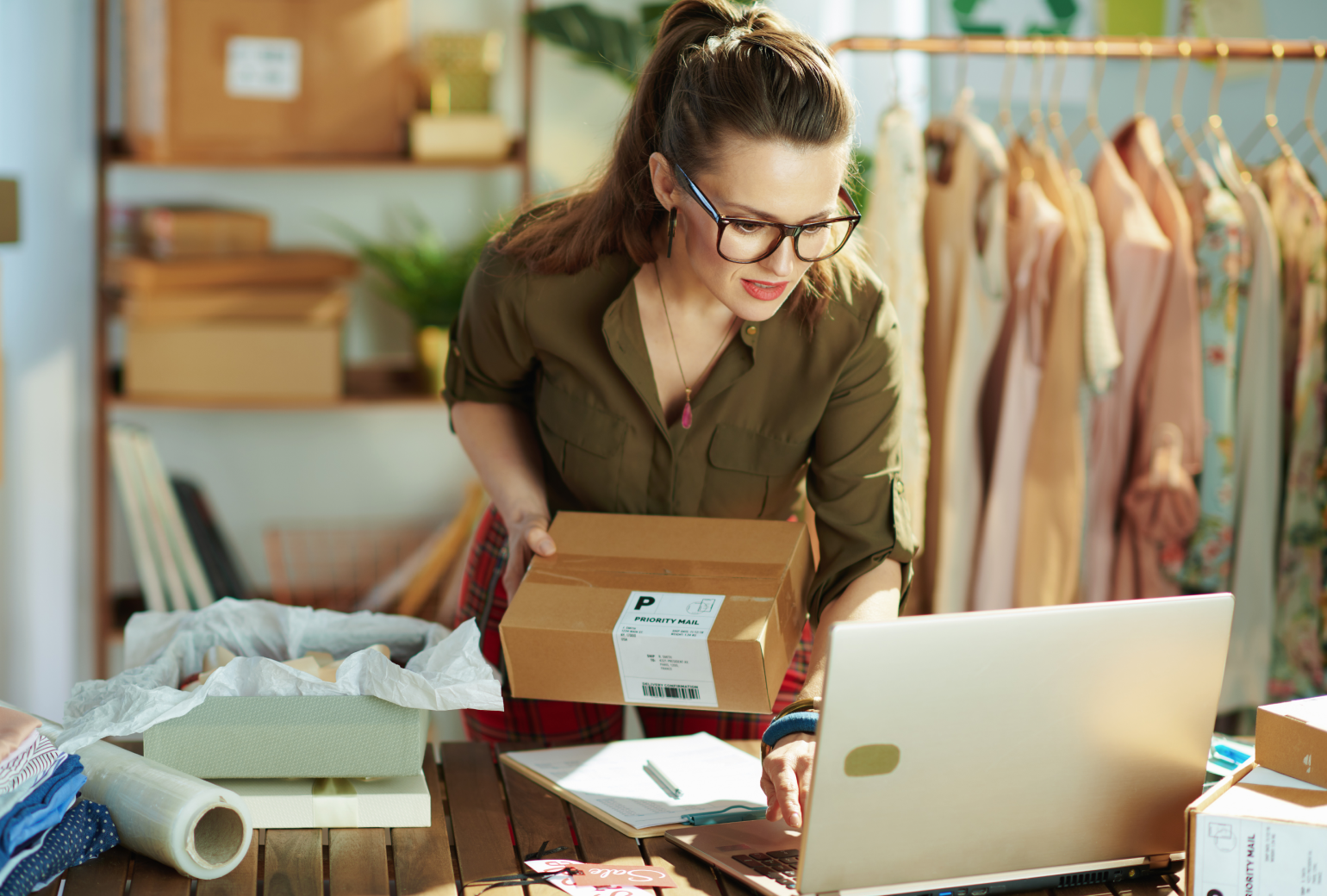 Woman wearing glasses while checking the package order on her laptop